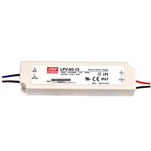 LPV-60-12 60Watt AC90～264V Input Mean Well High-Efficacy Waterproof DC12V UL-Listed LED Display Lighting Power Supply